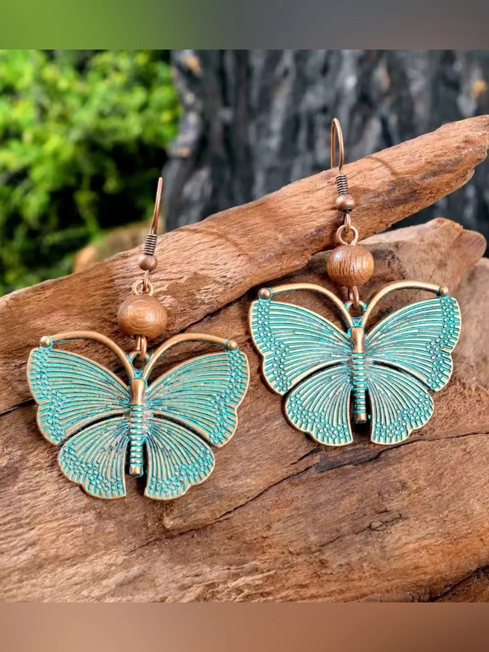 Copper & Teal Butterfly moth leather cord Necklace and Earring Set
